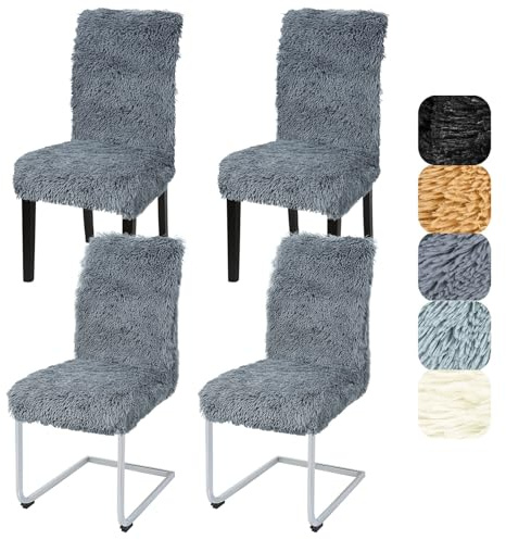 Alishomtll Stretch Stuhlhussen Hochflor Stuhlbezug 4er Set Dunkelgrau | Universal Langflor Stuhlhussen, Elastisch Abnehmbar Stuhlbezug, Waschbarer Plüsch Stühle Schutz für Küche Esszimmer Hotel