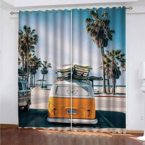 MAYNUO Blickdichte Vorhänge Mit Motiv 3D Beach Bus Car Kinder Gardinen Ösen Gardine Thermo 280x160 cm Schlafzimmer Kinderzimmer Vorhange Dekoratives Muster, Verdunklungsvorhänge