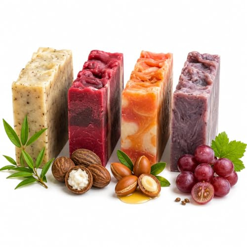 Pack 4 Jabones Artesanales Naturales – Jabones Sólidos de Aguacate, Pepita de Uva, Monoï y Árbol de Té | Jabón Facial, de Manos y para el Cuerpo | Veganos, Hidratantes | Hecho en España