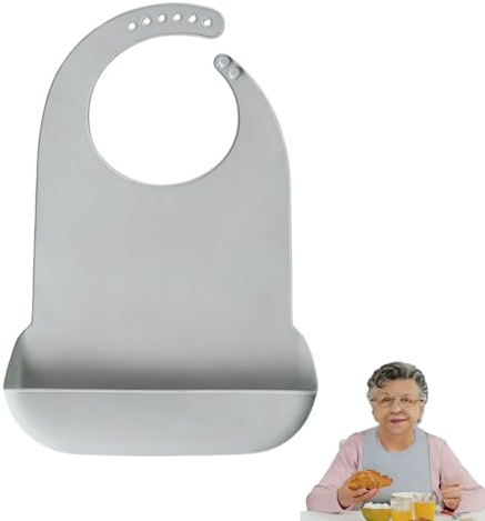 QBDIANGEN Waterproof Adult Bib, Silicone Clothing Protector, Washable Eating Bib, Adjustable Dirty-proof Apron with Pocket for Elderly Senior, Adult (Grey)
