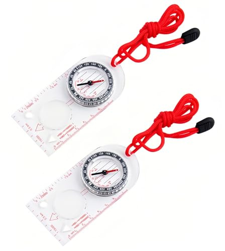 2 Pack Navigation Compass Ruler Magnifier, Adjustable Lanyard for Explorers