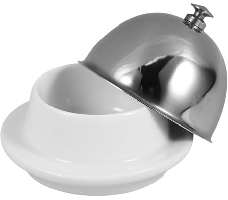 MUELODSIC Assiette à Beurre en Céramique Dôme en Acier Inoxydable Argenté, Plateau de Service Multifonctionnel pour Desserts Cuisine, Design Simple Élégant