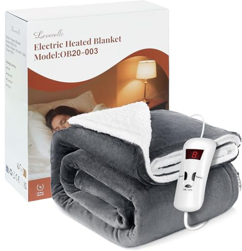 Levesolls Electric Heated Blanket Throw, 180x130 cm, Dual-Sided Flannel & Sherpa, 10 Heat Settings, 1-9 Hour Auto Shut Off Timer, Machine Washable, Fast Heating for Home, Office, Sofa (Dark Grey)