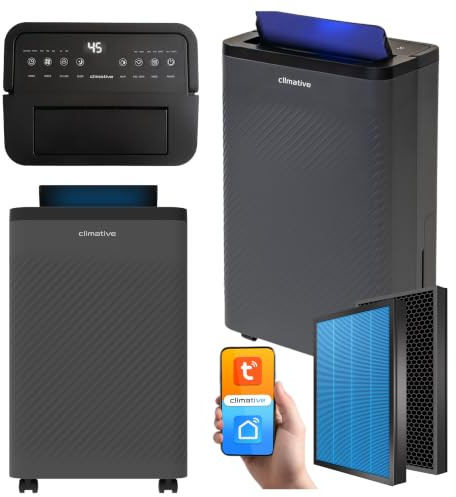 Climative Luftentfeuchter Elektrisch 12L/24h, Air Purifier Nexi ION Grau | Raumentfeuchter für Zuhause, Haus, Wohnung, Badezimmer bis 20 m², HEPA & Aktivkohle, WiFi Smart Home, Ionisierung, UV-Licht