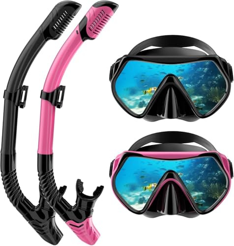 Schnorchelset Erwachsene Trocken mit Maske & Schnorchel Antibeschlag 180°-Panoramablick Schnorchelset Damen Herren zum Schnorcheln Schwimmen Strandurlaub (Black+Pink)