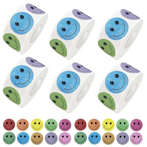 6 Rollen 3000 Stück Smiley Aufkleber, 25 mm Belohnungssticker Bunt Glitzer Smiley Sticker Rund Belohnungsaufkleber für Belohnung Geschenk Party dekorationen