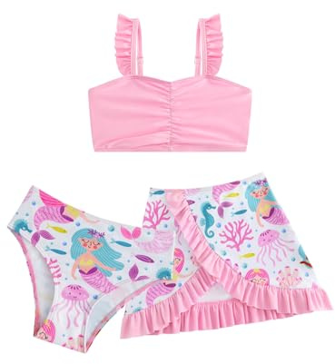 JiAmy Flickor Tankini 3-delad bikiniset med kjol volanger justerbar rem baddräkt söt jordgubbe sjöjungfru vattenmelon munk baddräkt för barn 3-8 år, Lila-sjöjungfru, 6-7 År