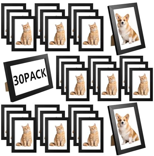 30 Pack 6 x 4 Black Photo Frames, Bulk Picture Frames for Wall and Table | Photo Frame with Easel Stand and Hanging Hooks for Portrait or Landscape Display at Home, Office and Events