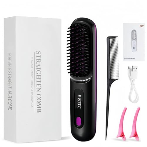 Glättbürste Kabellos,Stylingbürste Für Kurze Haare,Haarglätterbürste 2026,Haarglätter Bürste mit Negative Lonen,3 Temperaturstufen,Lcd Display, für Reisen und täglichen Gebrauch (Weiß)