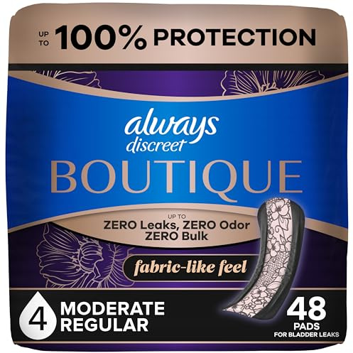 Always Discreet Boutique Adult Incontinence Bladder Leak Pads for Women, Moderate Absorbency, Regular Length, Up to 100% Bladder Leak Protection, 48 Count