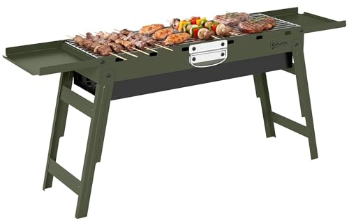Outsunny Portable BBQ Grill, Foldable Charcoal Grill for Camping and Picnics, Charcoal Barbecue with 2 Side Shelves and Handle, Green