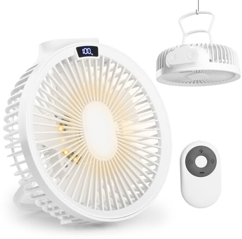 Hianjoo USB Ventilator Klein mit Fernbedienung Mini Tischventilator Leise mit Timerfunktion Hängender Camping Ventilator mit LED Licht 4 Geschwindigkeiten Powerbank LED-Anzeige 4000mAh - Weiß