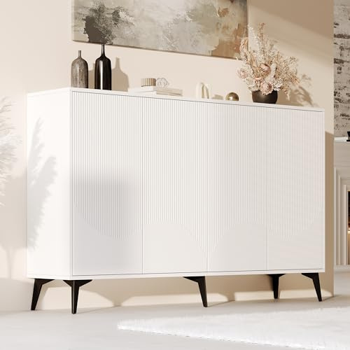 FammyLoft Sideboard mit 4 Türen, Kommode mit Verstellbaren Einlegeböden, Komodenschrank mit Metallbeine für Eingangsbereich/Wohnzimmer/Esszimmer, Sideboard Küche, Büroschrank, 160cm, Weiß