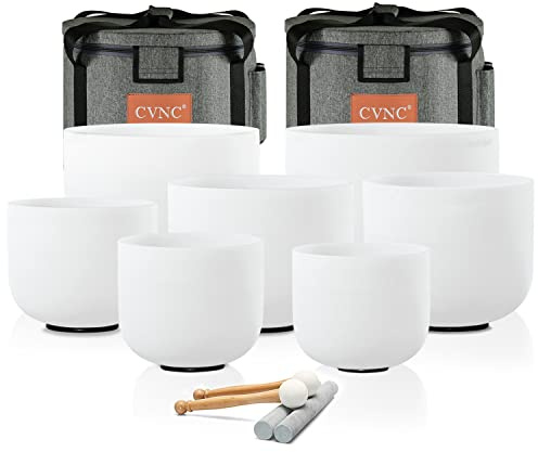 CVNC 432HZ Klangschalen für Klangheilung, 15,2-30,5 cm, 7 Stück, mattiert, Chakra-Quarz-Kristall, mit 2 Tragetaschen
