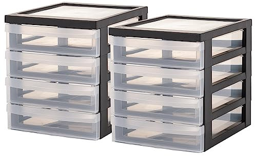 Iris Ohyama Schreibtisch-Schubladen-Set, 4 flache Schubladen, 2er-Pack, Schwarz, Leicht zu öffnende Schubladen, A5, Transparent, für Home Office, Dokumente, Zubehör, Akten, Papier, BPA-frei, DC-A5