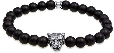 Kuzzoi Herren Steinarmband aus schwarzem Onyx Edelstein Perlen (8 mm) | Tigerkopf Anhänger in 925 Sterling Silber elastisch