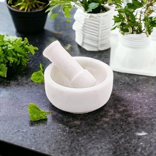 SAUDEEP INDIA Juego de mortero y pilón de granito de mármol blanco Imam Dasta, Ohkli Musal, Kharal o khalbatta o mezclador y molinillo para cocina (blanco, 4 x 3 pulgadas)