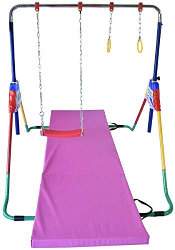 Athletic Bar Gymnastics Kids Height Adjustable 5 in 1 Horizontal Kip Bar, Tri Fold Tumble Mat, Swing Seat, Trapeze Rings, Basketball Hoop - Folding Training Home Junior Expandable Monkey
