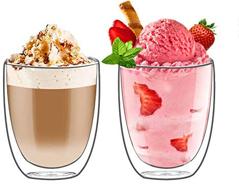 Ciuitixi 2 Stücke Doppelwandige Latte Macchiato Gläser Set,Hitze- und Kältebeständigkeit Doppelwandiger Glasbecher mit Henkel Transparenter Teegläser Doppelwandig Espressotassen Glas (350ml grifflos)