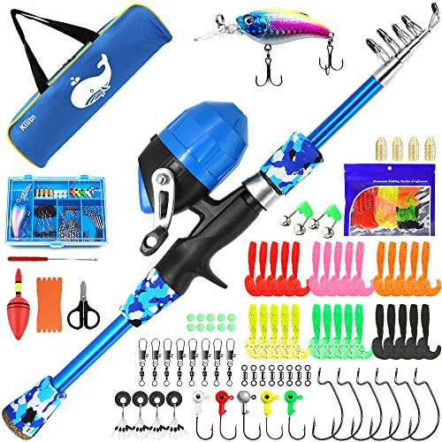 Kilitn Kit de Canne à Pêche pour Enfants - 86 Pcs, Ensemble de Canne Télescopique et Moulinet avec Boîte à Pêche et Sac de Voyage, pour Démarreur (Bleu, 1.5M 4.92FT)