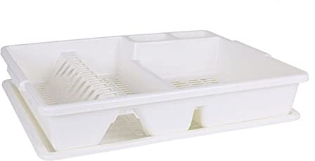 Escurreplatos de plástico color blanco, escurridor de platos, 8.5 x 47 x 38 cm
