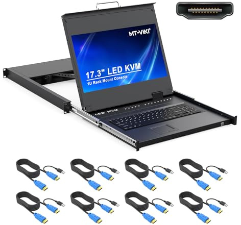 MT-VIKI 1U Rackmount HDMI KVM Console with 17.3 LED Monitor 1920x1080, Less Weight HDMI KVM Switch OSD+Hotkey+Panel Button (8 Ports)