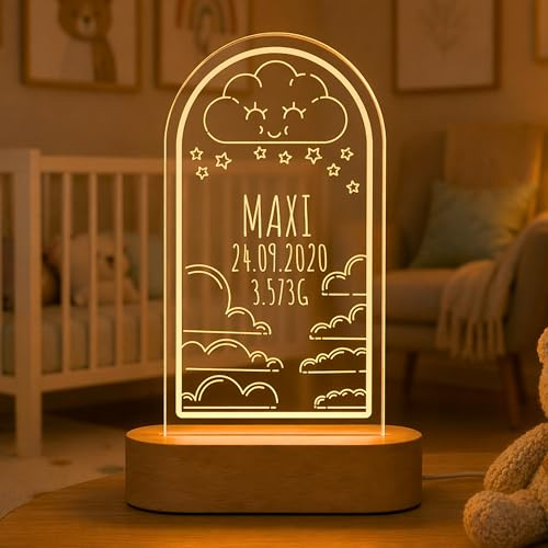 CHRISCK design Wolke Nachtlicht Schlummerlicht mit LED-Licht mit USB-Kabel | Aus Acryglas & Holzsockel mit individueller Wunsch-Gravur | Tolles Geschenk für Taufe Kindergeburtstag Geburt
