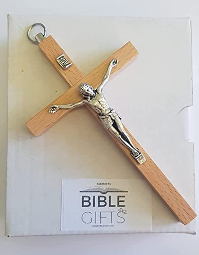 Biblegifts Hanging Wall Cross Crucifix Beech Wood with Corpus Christ Figure Small 5 Inch 12 cm high metal ring to hang