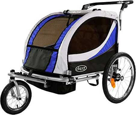 ClevrPlus Deluxe 3-in-1 Doppel-Fahrradanhänger mit 2 Sitzen, Jogger, Kinderwagen für Kinder, zusammenklappbar mit schwenkbarem Vorderrad, Blau