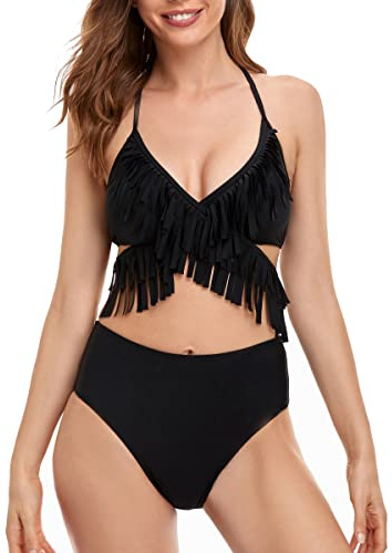 S-kini Ensemble bikini pour fille - Maillot de bain rembourré dos nu - Deux pièces - Pour la famille - Vêtement de plage, Franges noires, 8-10 ans