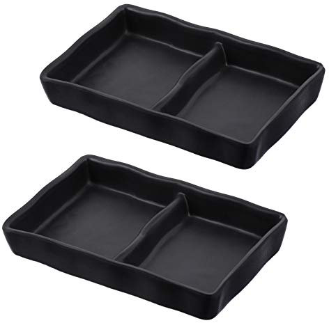 YYHSD Patrones de Salsa Dividida Platos, Melamina 2-Compartimento Dividido Salsa de Soja Salsa Wasabi Sushi Sashimi Placas de inmersión de plástico Rectangular, Negro, 2 Paquete