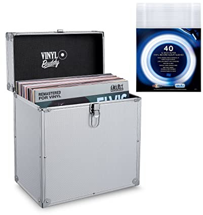 VINYL BUDDY 12'' Aluminium Vinyl Record Storage Case,Holds up to 40 LPs (in PVC Sleeves) Includes 40 x 12 Inch Outer Record Sleeves (Sliver) (VB01S)