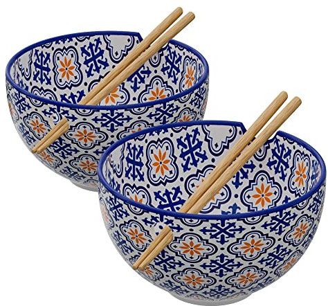 American Atelier Ramen Bowl with Chopsticks | Set of 2 | Soup Bowls for Kitchen | Udon Noodle Bowls with Chopsticks | Stoneware Soup Bowl | 6 Diameter (21 Oz) - Medallion Blue & Orange Design