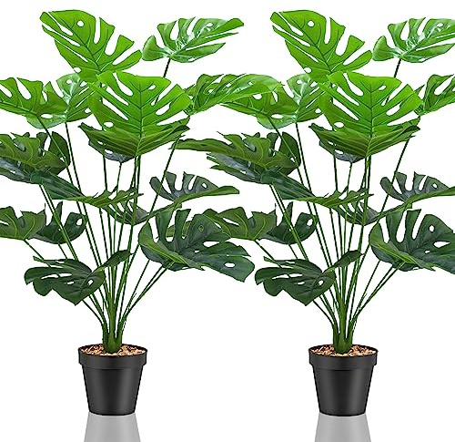 Lighterday Set mit 2 Kunstpflanzen Groß Künstliche Pflanzen Kunstpflanze Fake Plant,Kunstpflanzen Wie Echt,Plastik Pflanze Hoch für Büro,Zuhause,Drinnen und Draußen Deko (Kleine Monstera)
