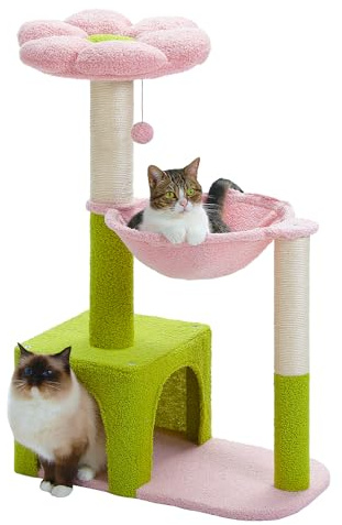 MUTTROS Árbol de flores para gatos con hamaca grande de marco de metal, bonita torre para gatos de 36.6 pulgadas con postes rascadores de sisal para gatos pequeños de interior, condominio para gatos