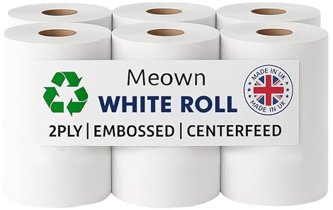 Meown White Roll, Pack of 6 Premium Centrefeed Rolls, Durable & Versatile 2-Ply Tissue, Ultimate Cleaning Solution for Home & Office