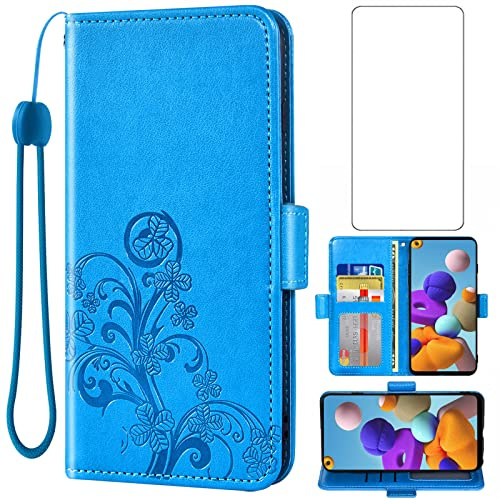Asuwish Compatible with Samsung Galaxy A21S Wallet Case and Tempered Glass Screen Protector Flip Purse Accessories Wrist Strap Credit Card Holder Stand Cell Phone Cover for Glaxay Galaxies A 21S Blue