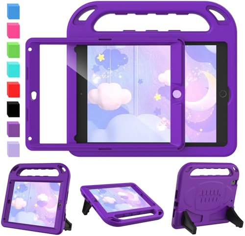 SINSO Funda infantil para iPad de 9.7 pulgadas, 6ª generación 2018/5ª generación 2017/iPad Air 2, protector de pantalla integrado, funda ligera a prueba de golpes con asa/soporte, color morado