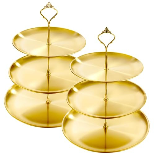 Tårtställ, 3 nivåer 2 st muffinsställ i rostfritt stål, guld serveringsbricka kakhållare tårtvisningsstativ för dekorationer på eftermiddagsté, återanvändbart cirkulärt tårtställ för fest, bröllop (3