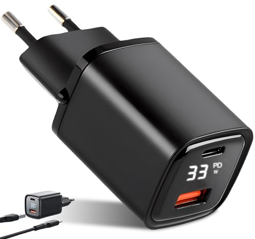 Leikurvo Chargeur rapide USB C 33 W avec écran LED, 2 ports USB QC PD, adaptateur de charge universel, compatible avec téléphones portables, appareils photo, tablettes, etc. (noir)