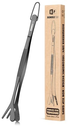 Pinzas de Cocina de Doble Punta, Pinzas de Cocina Profesionales de Acero Inoxidable 2 en 1 de Doble Punta para Cocinar, Reparar, Mariscos, Barbacoas, Decorar, Alimentar Mascotas (20.5 CM, NEGRO)