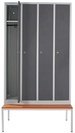 Schrank & Stuhl Spind – Metallspind mit 4 Abteilen und Sitzbank - 30 cm Abteilbreite, 220 x 117 x 80 cm, Schließfachschrank mit Hutboden & Zylinderschlössern, Grau/Anthrazit