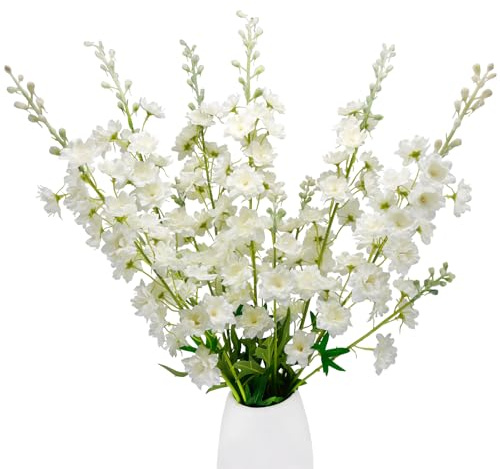 VIKINGS PANDA 6 Pcs 33.5 inches Delphinium Artificial Flowers for Decoration Realistic Artificial Larkspur Flowers for Outdoors Faux Silk Flowers for centerpieces (6, White)