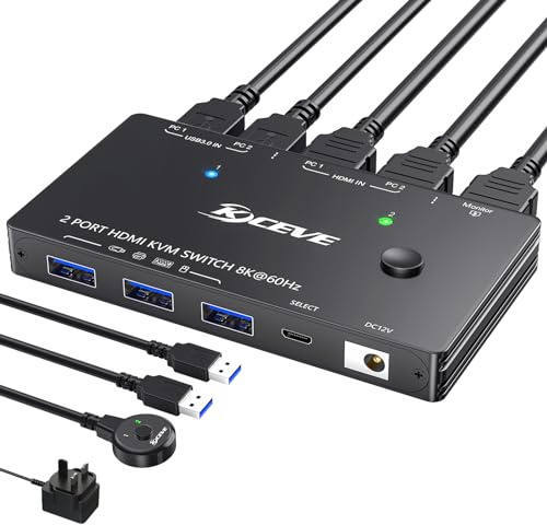 YOUTINGHDAV KVM Switch 2 Computers 1 Monitor HDMI 8K@60Hz, KVM Switch for 2 Computer Share 4 USB 3.0 Ports Mouse Keyboard, 4K@120Hz, HDMI 2.1, HDCP 2.3, Wired Remote(8K HD 2 in 1 out KVM)