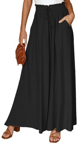EMOTTOS Pantalones Mujer Verano, Pantalon Largos Elasticos Cintura Alta con Cordón y Bolsillos, Palazzo Pantalones Elástico, Elegantes Pantalon Pierna Ancha Casual para Mujer, Negro S