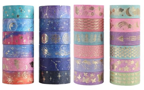 Washi Tape Vintage Dekoratives Klebeband Washi Tape Set Goldfolie Galaxy Washi Tape Sternenhimmel Masking Tape Goldfolie dekorative Klebebänder für Bullet Journaling Scrapbooking Zubehör 24 Rollen