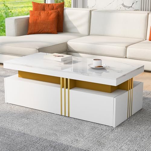 Merax Couchtisch Hochglanz Wohnzimmertisch mit 2 Schubladen, Moderner rechteckiger Kaffeetisch Sofatisch Beistelltisch, Tischplatte mit Marmormuster, Mitteltisch mit Stauräume, 100x50x40cm, Weiß