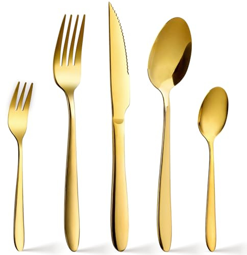 SWISON Set couverts de table dorés pour 12 personnes, Ensemble de ménagères en acier inoxydable 60 pièces, avec couteaux et fourchettes cuillères, brillant or