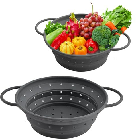 Passoire Pliable Silicone, 2 Pièces Passoire de Cuisine Pliante, 21,5 cm, 25 cm Passoire à Pâtes, Economie D'espace, 2 Tailles, pour la Cuisine et le Camping, Grise