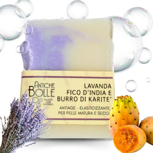 Antiche Bolle - Sapone Solido Naturale all'Olio d'Oliva con Lavanda, Gel di Fico d'India e Burro di Karitè - per Mani, Viso e Corpo, Elasticizzante e Nutriente per Pelle Secca e Matura - 100g